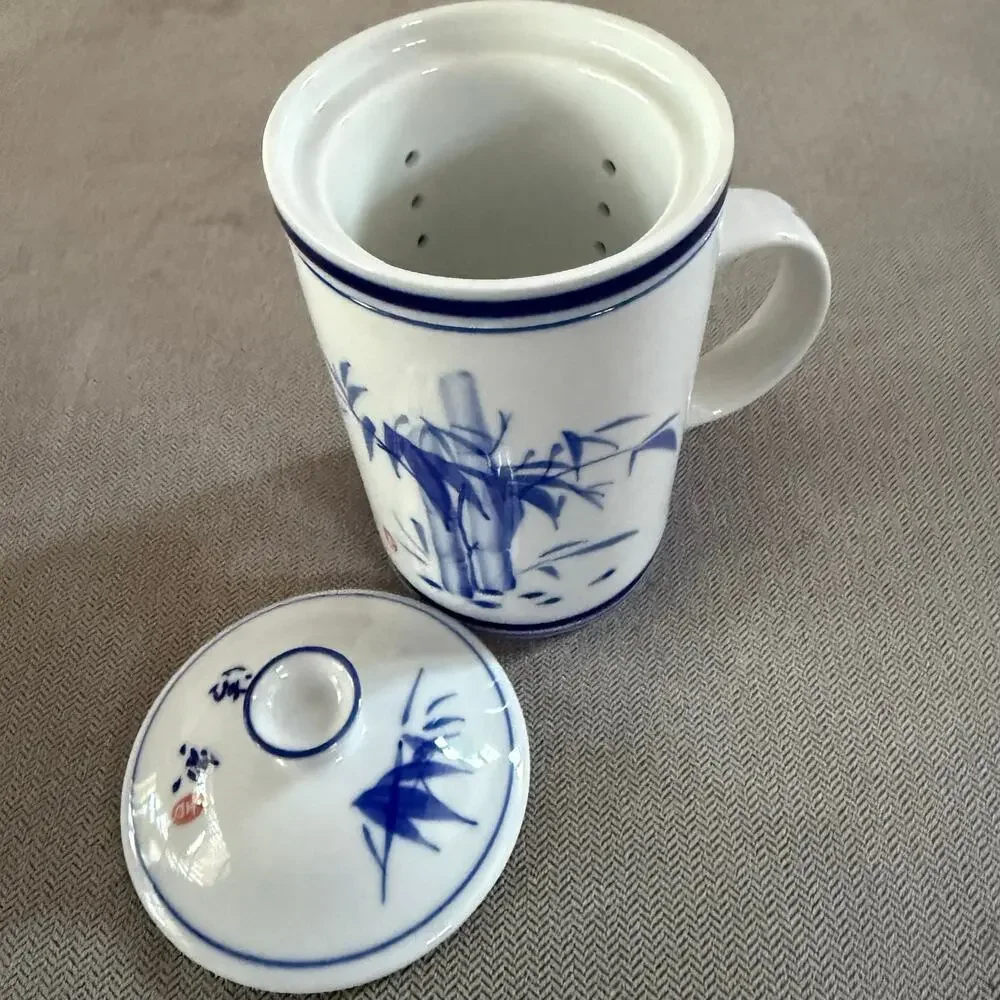 Blue White Bamboo Ceramic Tea Mug with Infuser Strainer & Lid Asian Style